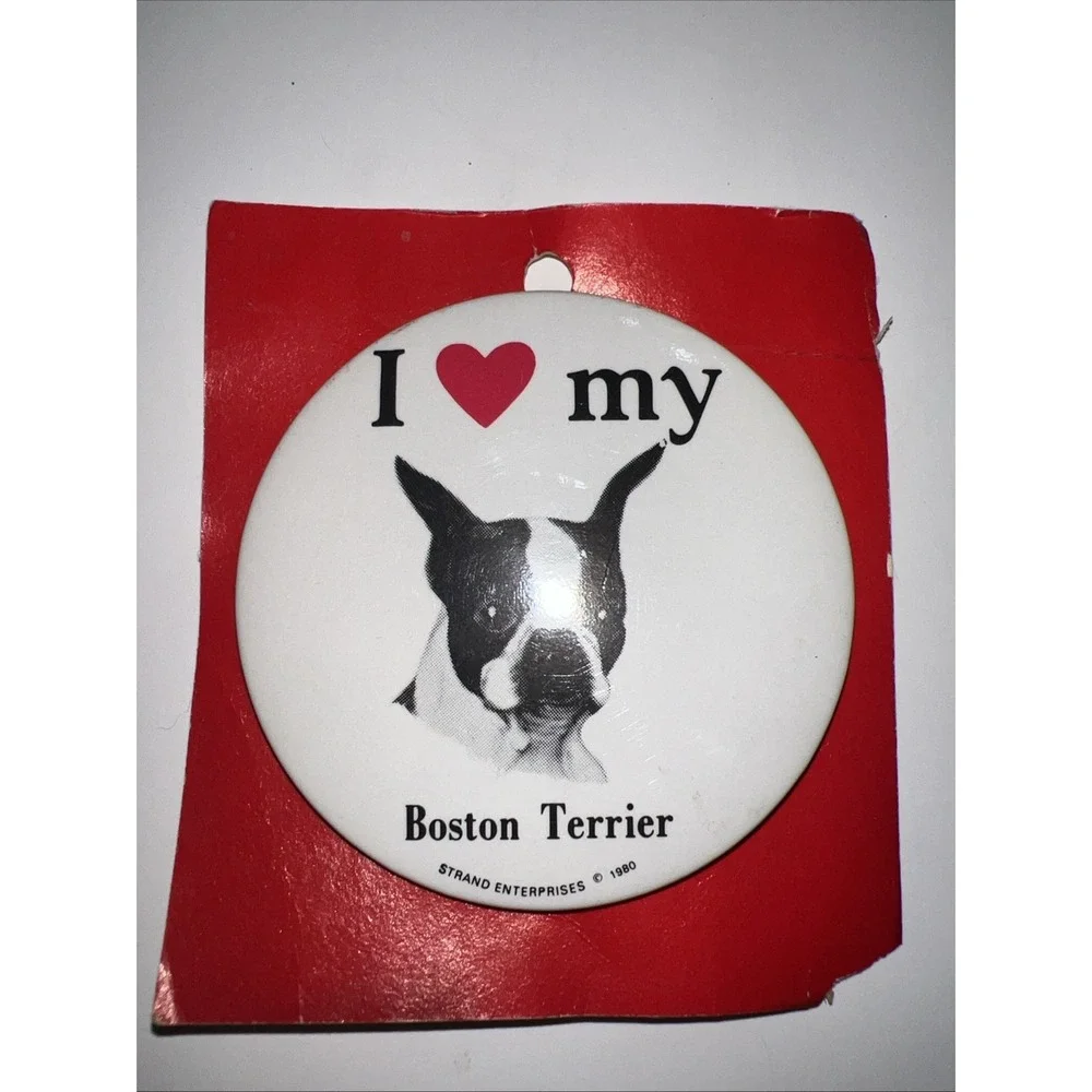 Vintage I Love My Boston Terrier Pinback Button 1980‎ Strand Enterprises
